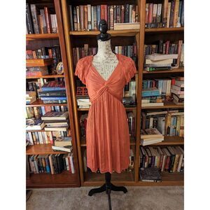 Currant air satin pleated orange knit front flutter sleeve mini dress sz xs